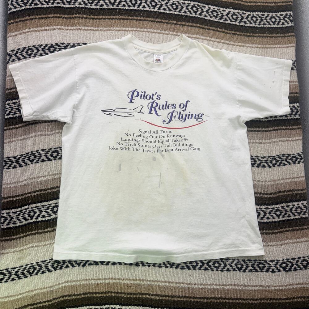 Vintage 90's Pilot's Rules of Flying White Distressed Plane Funny Tee Shirt XL